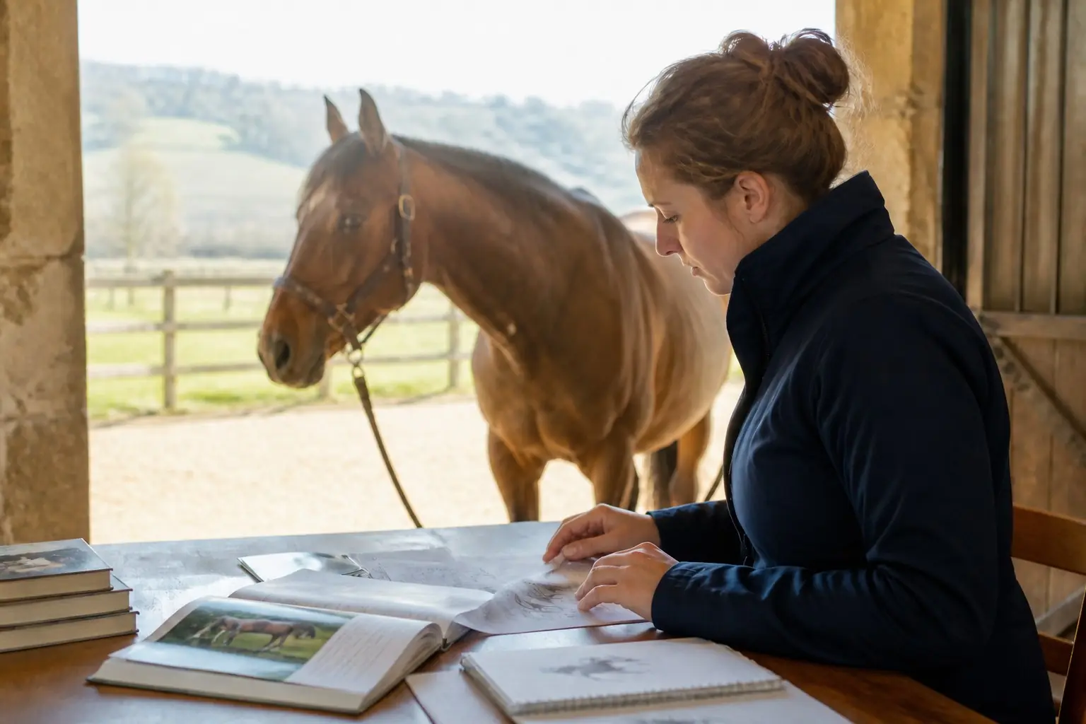 Documentation éditoriale équestre consultée auprès d’un cheval dans une écurie française