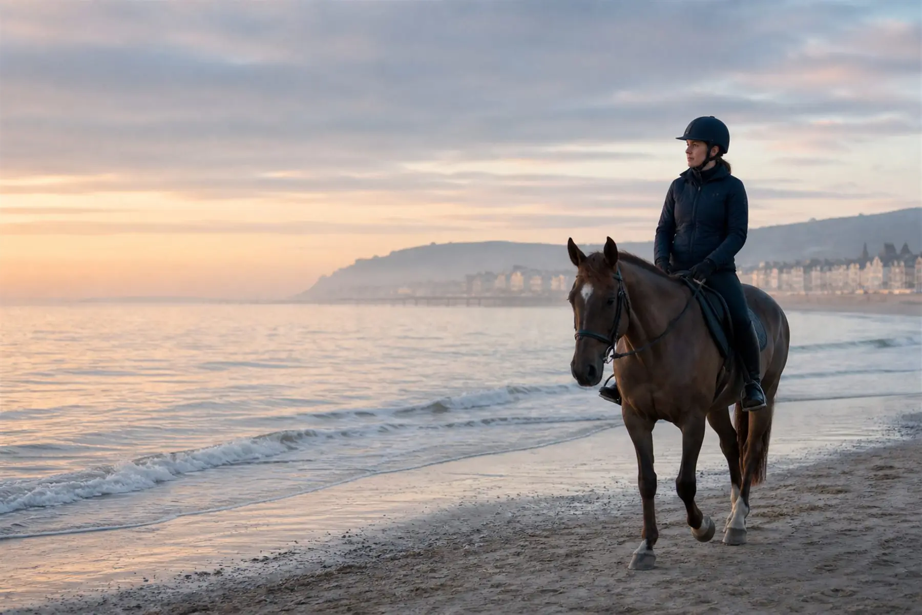 Cavalier et cheval sur le littoral normand à l’aube