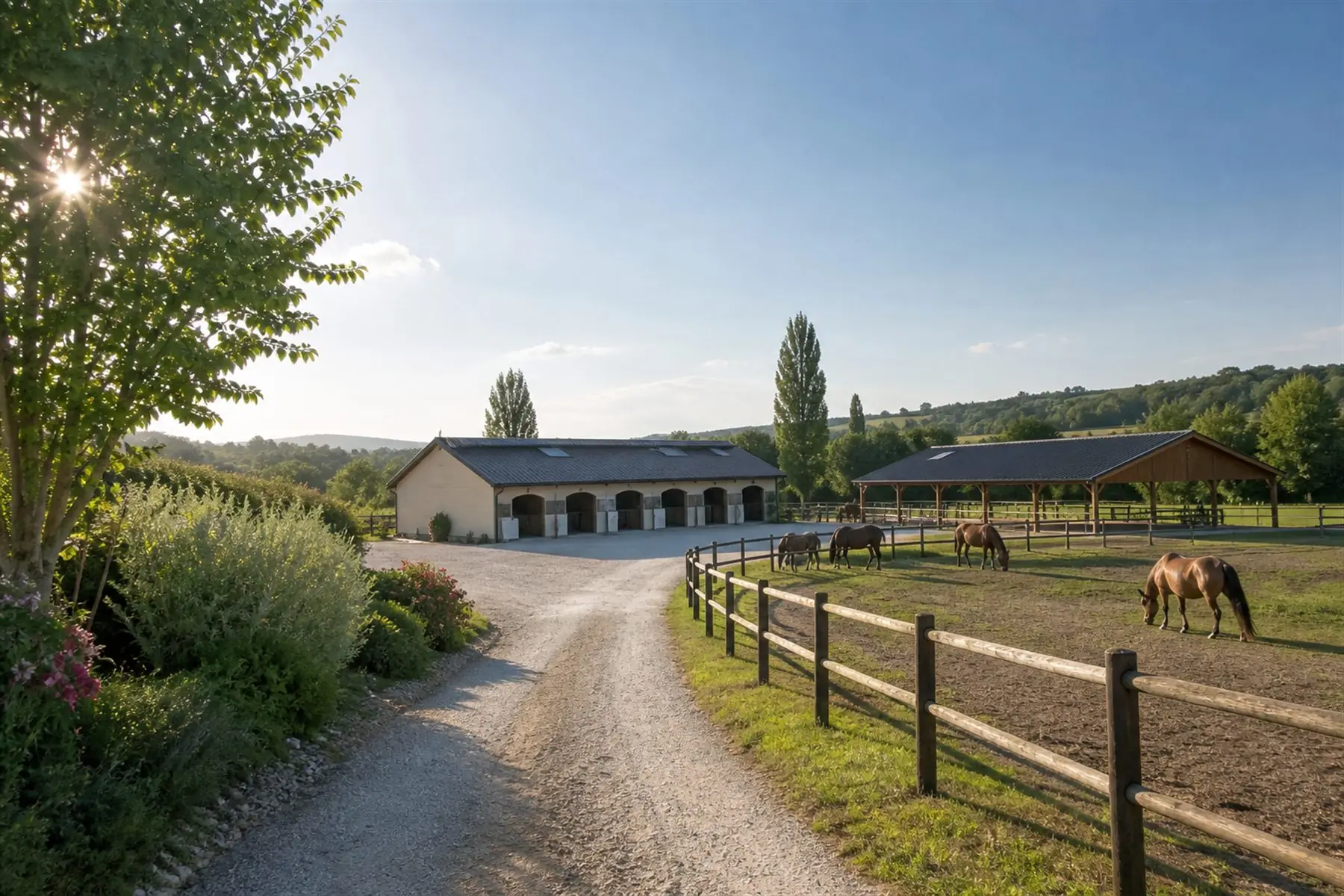 Installations d’un centre équestre français avec paddocks et carrière