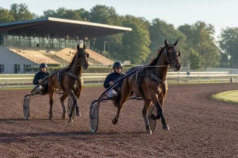Cheval de trot sur une piste d’hippodrome
