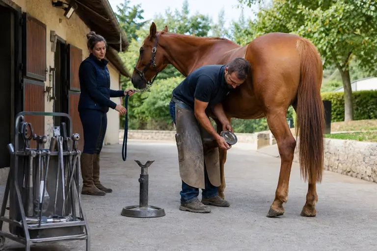 Maréchal-ferrant examinant un pied de cheval
