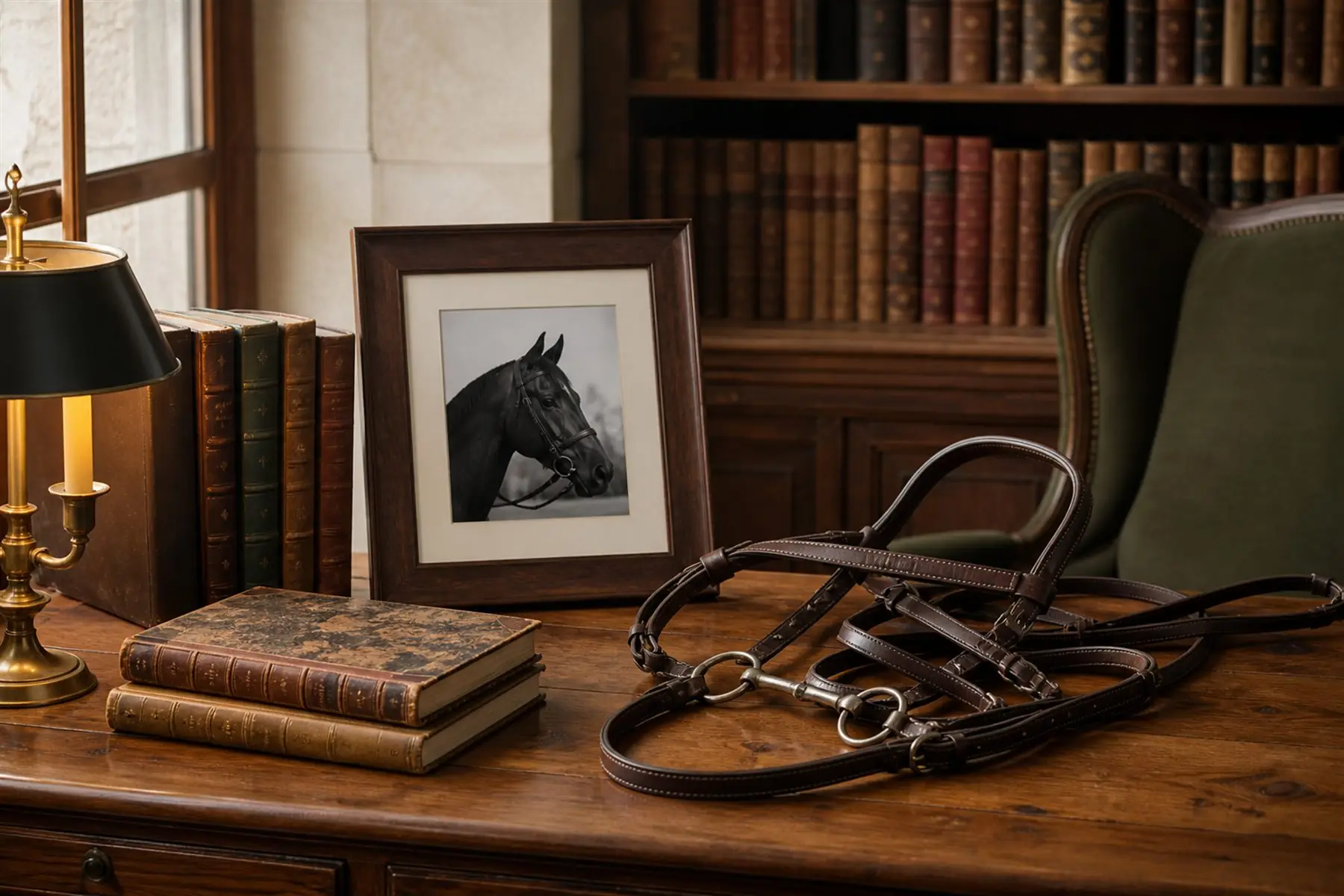 Livres équestres, bridon et photographie de cheval dans une bibliothèque