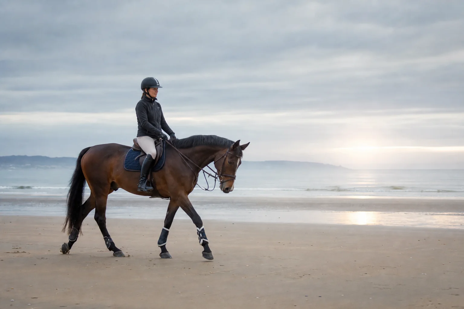 Cheval et cavalière dans une lumière cinématographique