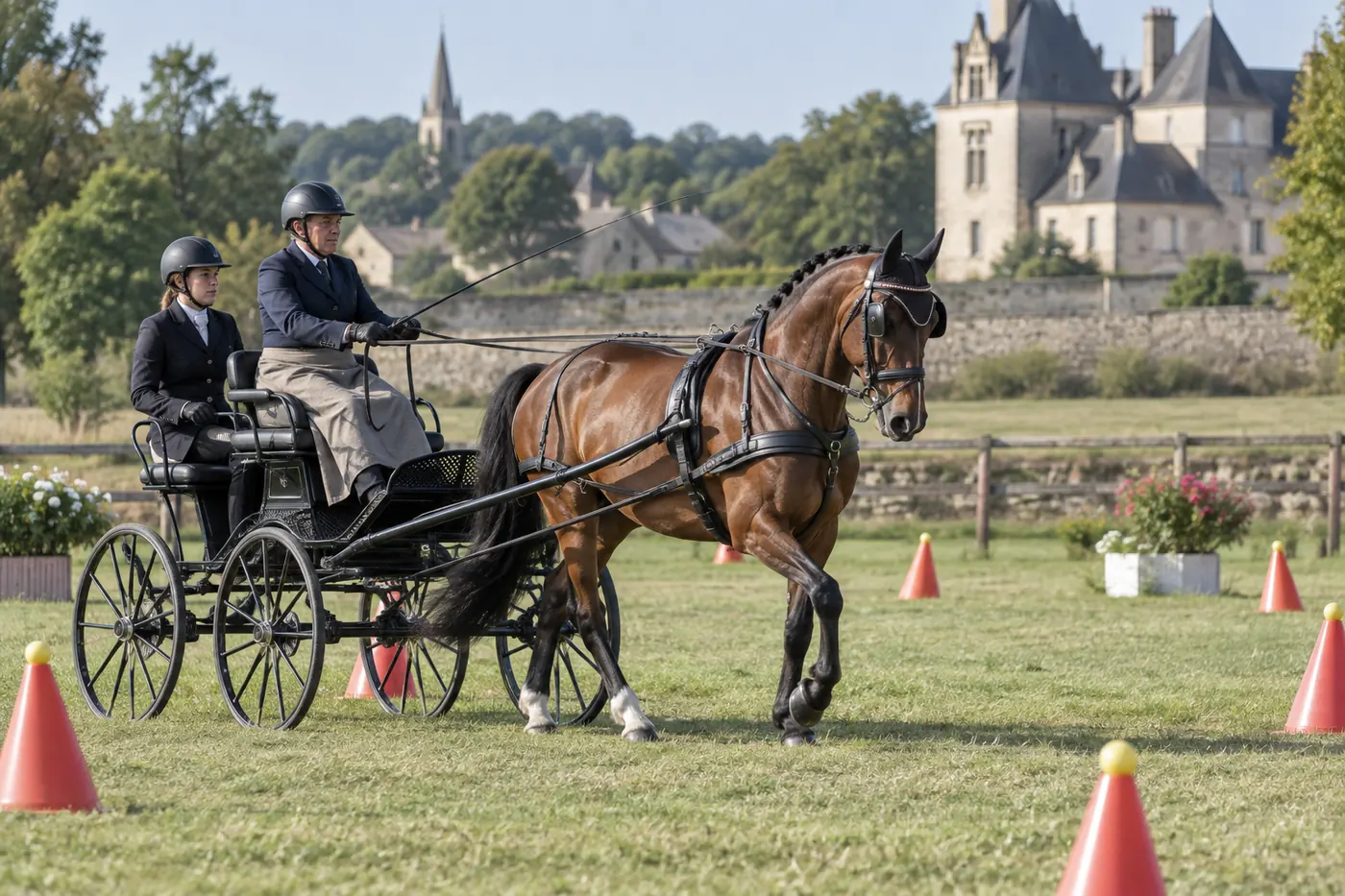 Cheval attelé à une voiture légère sur une piste équestre