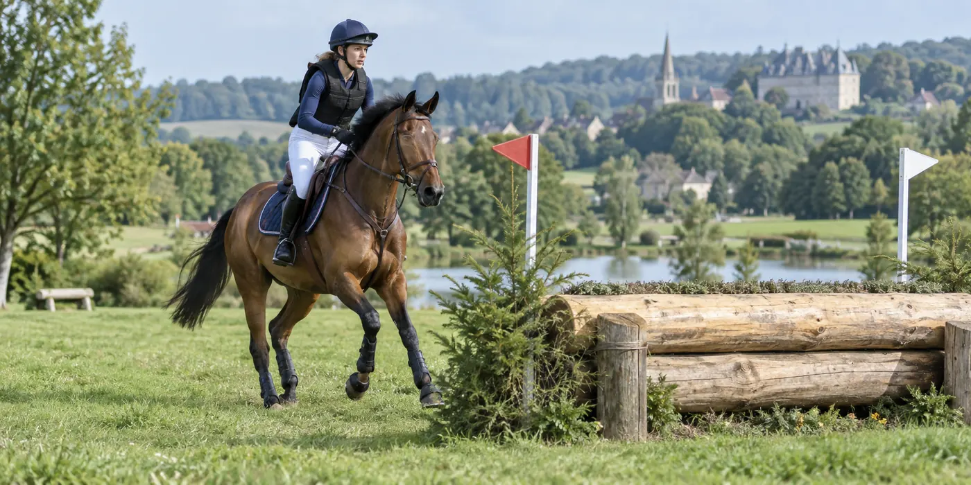 Cheval et cavalier franchissant un obstacle naturel sur un parcours de cross