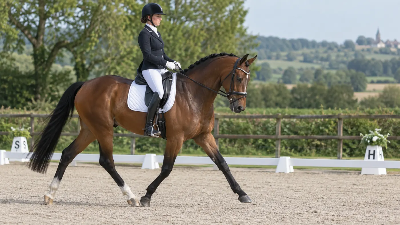 Cheval et cavalière exécutant une figure de dressage en carrière