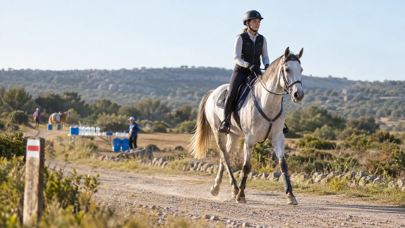 Cavalière et cheval avançant sur un chemin de campagne en endurance