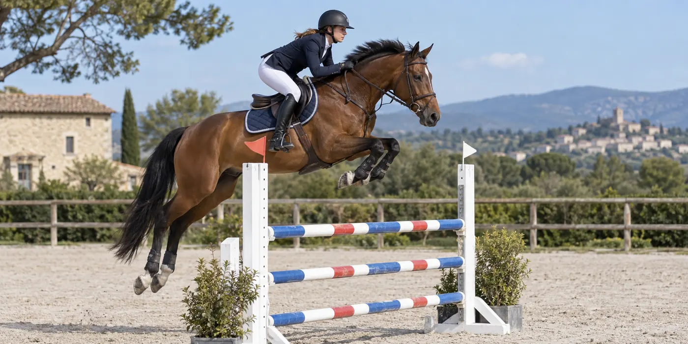 Cheval et cavalière franchissant un obstacle en carrière