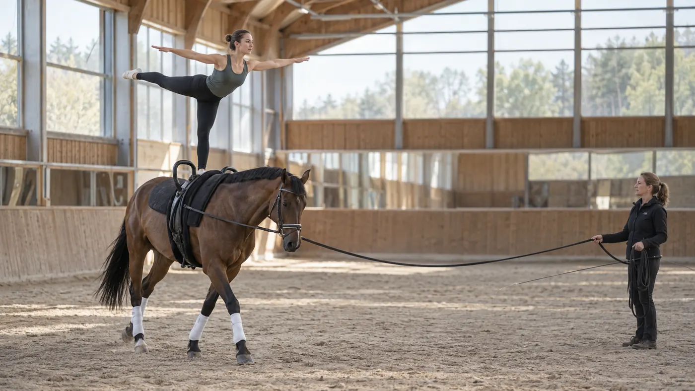 Voltigeuse réalisant une figure sur un cheval longé en manège