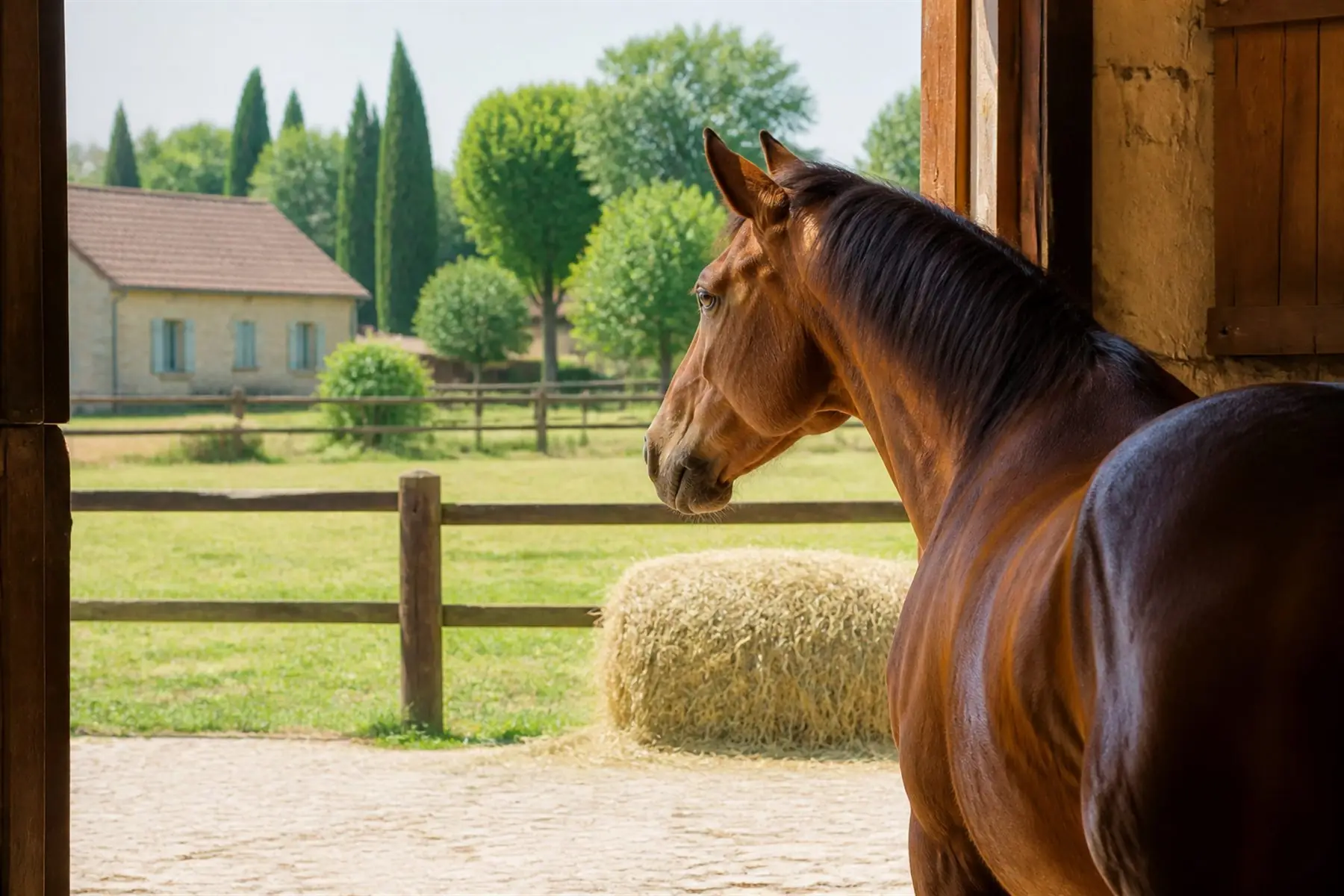 Cheval dans une écurie ouverte avec circulation d’air naturelle