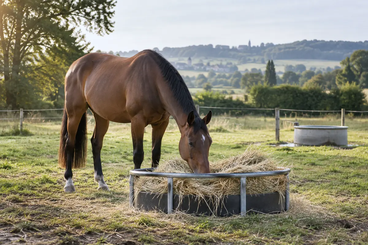 Cheval bai mangeant du foin dans un paddock avec un point d’eau visible
