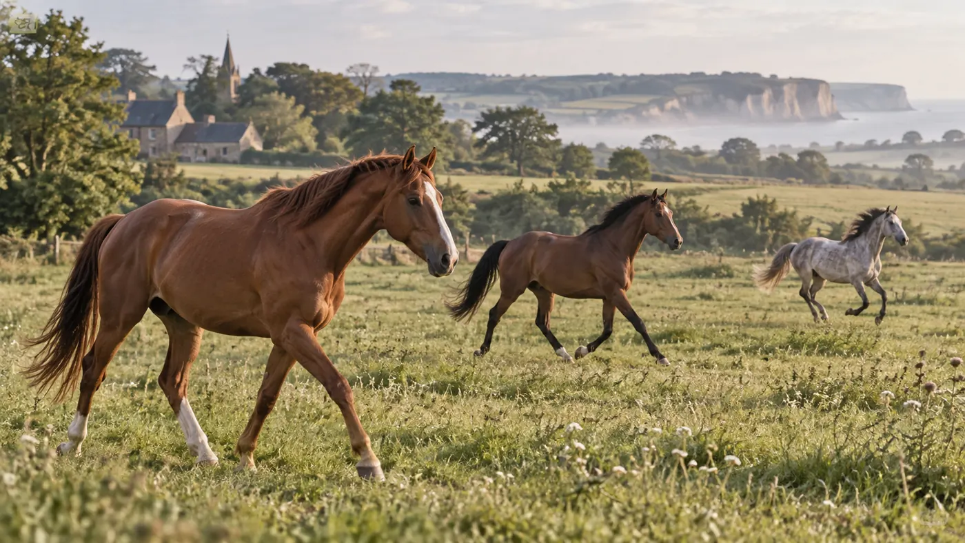 Trois chevaux se déplaçant au pas, au trot et au galop dans une prairie
