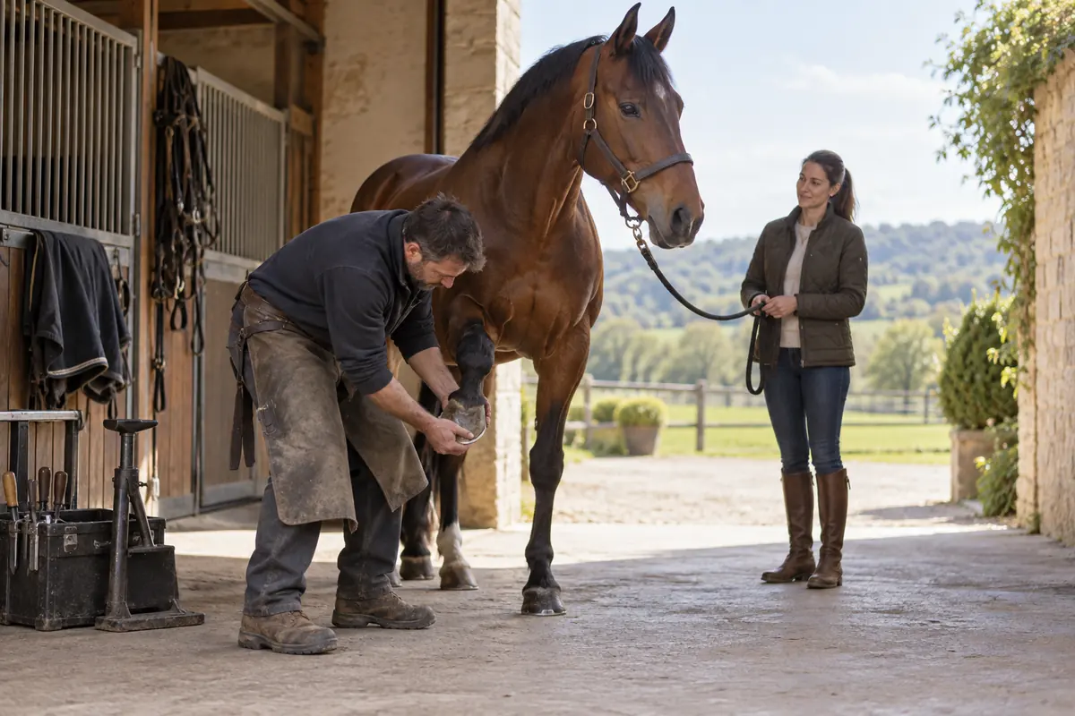 Maréchal-ferrant inspectant le pied antérieur d’un cheval calme