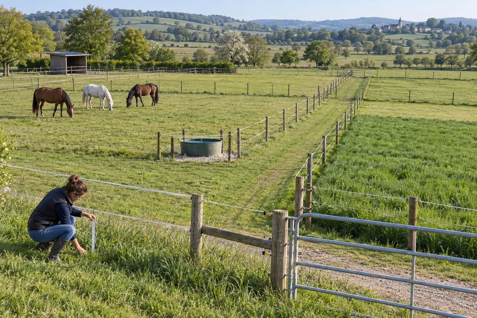 Gestionnaire mesurant l’herbe devant plusieurs parcelles de pâturage tournant