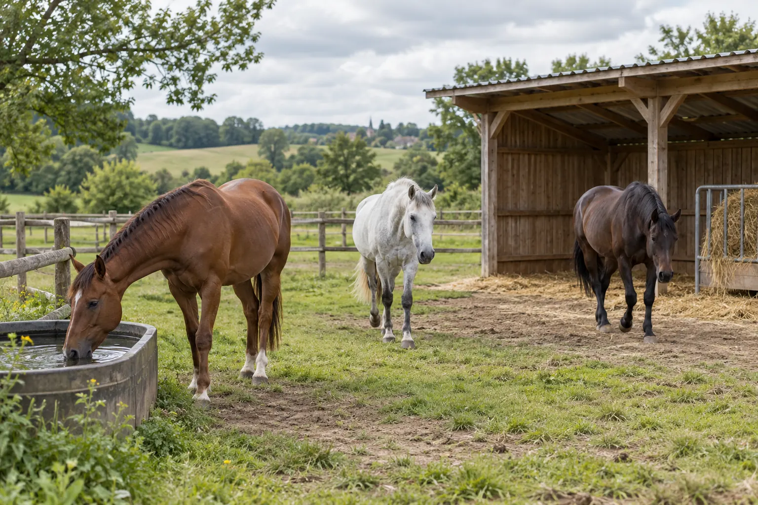 Trois chevaux dans un paddock aménagé avec eau, fourrage et abri