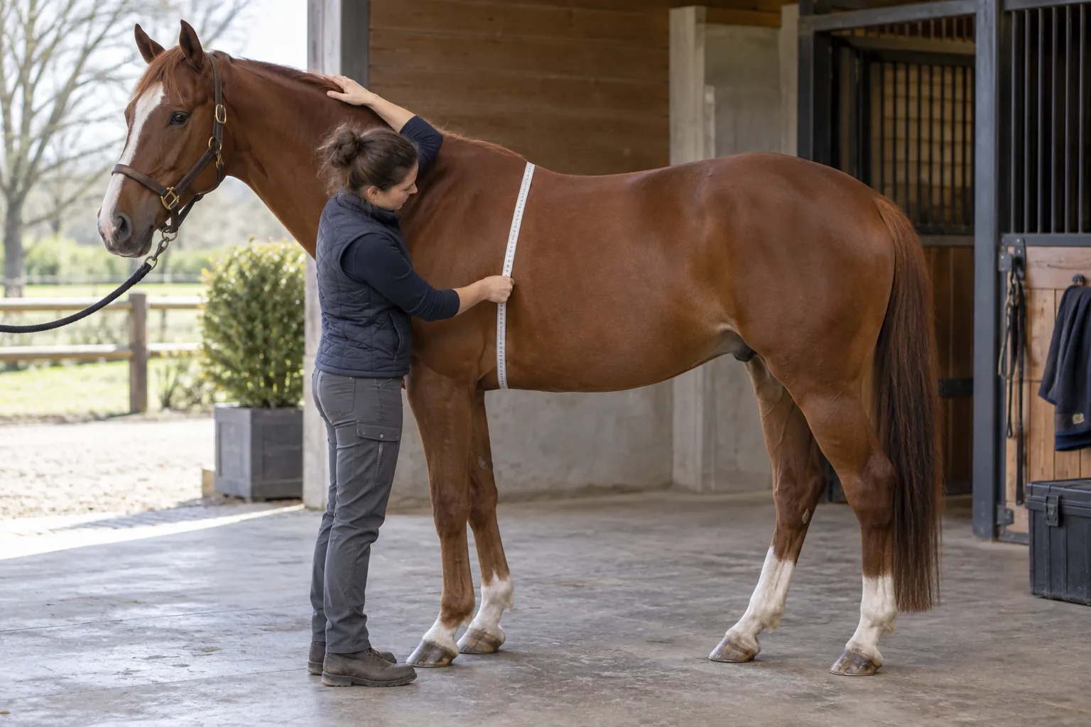 Professionnelle mesurant le périmètre thoracique d’un cheval alezan