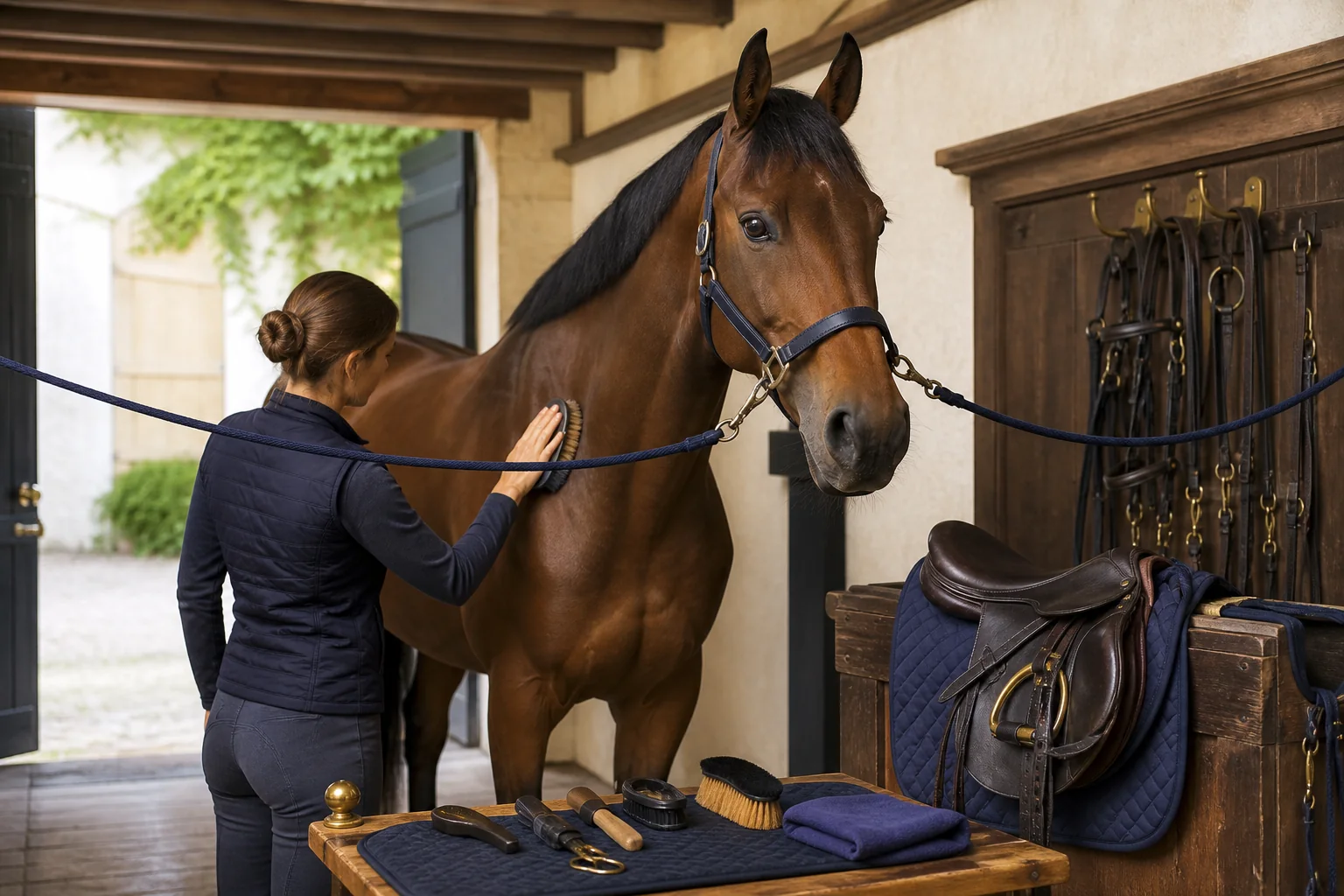 Préparation d’un cheval évoquant la transmission des savoirs