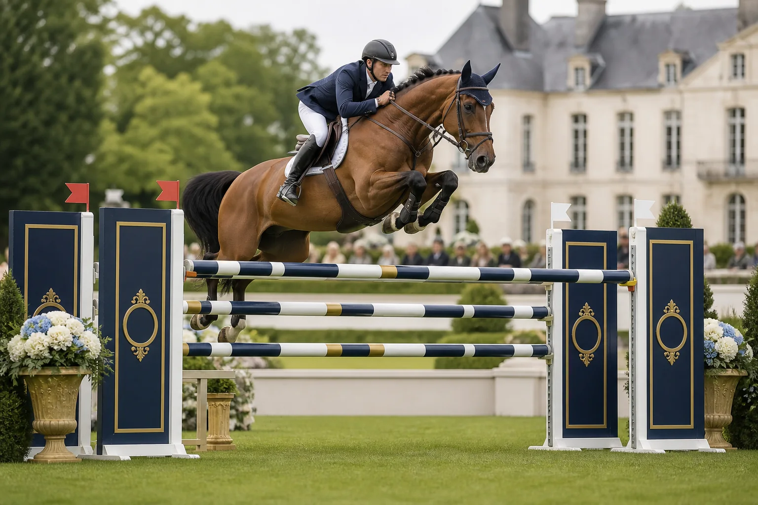 Cheval et cavalier franchissant un oxer dans un concours international