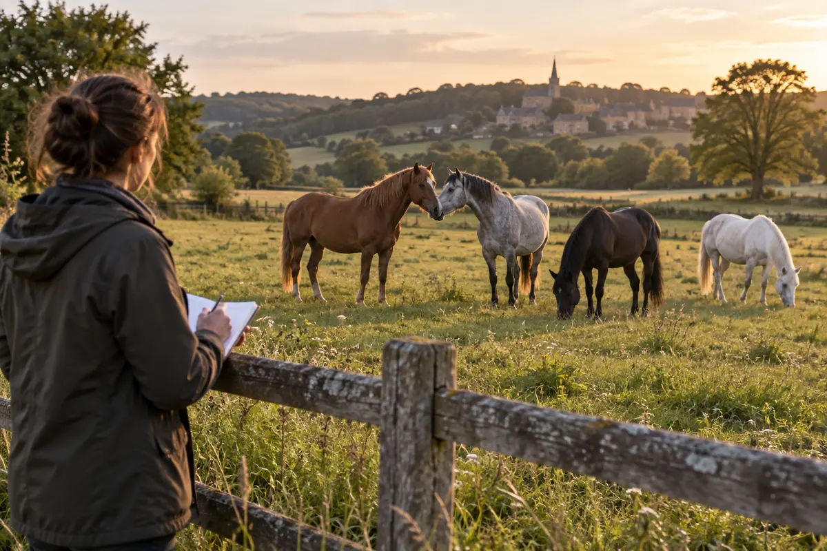 Observatrice étudiant un petit groupe de chevaux au pré