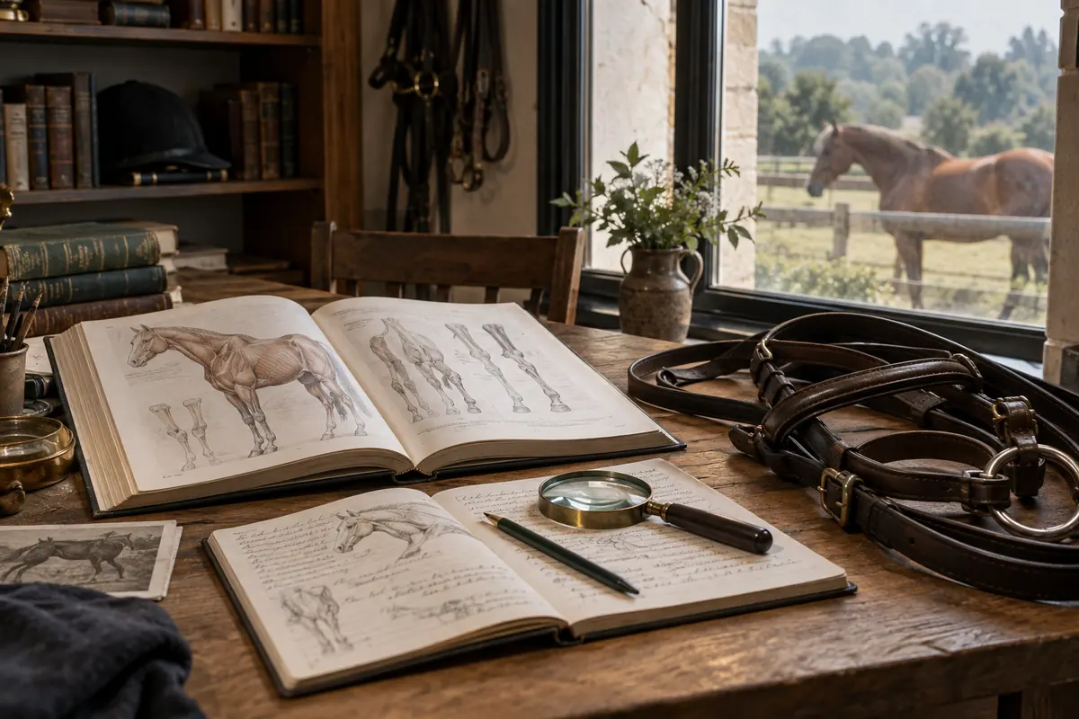 Ouvrages d’anatomie équine et bridon dans une salle d’étude
