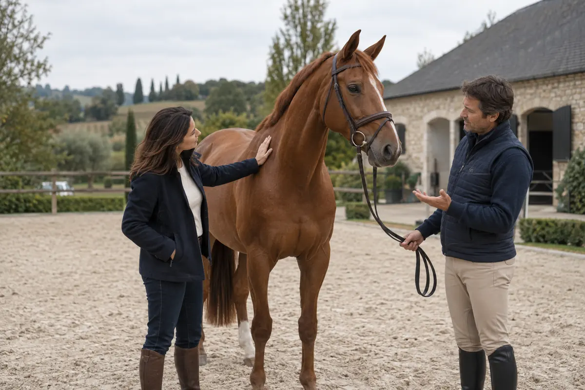 Future propriétaire échangeant avec un professionnel auprès d’un cheval