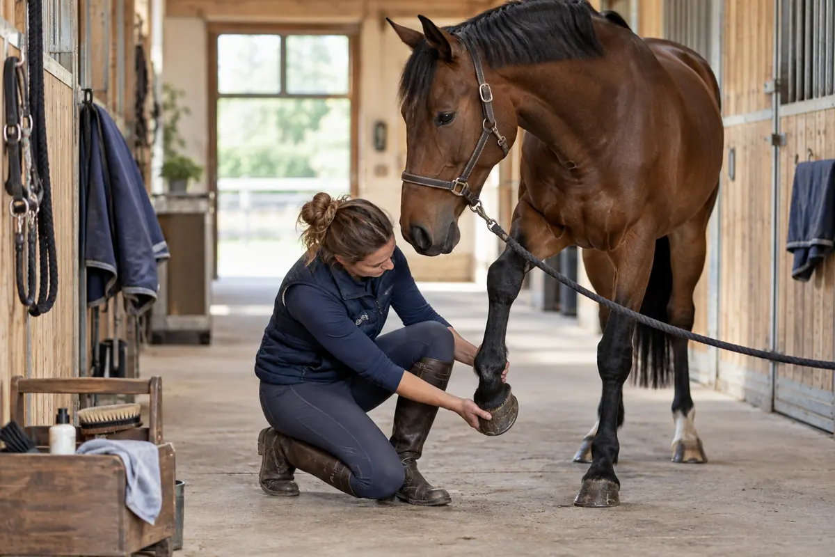 Soigneuse observant le membre d’un cheval dans une écurie