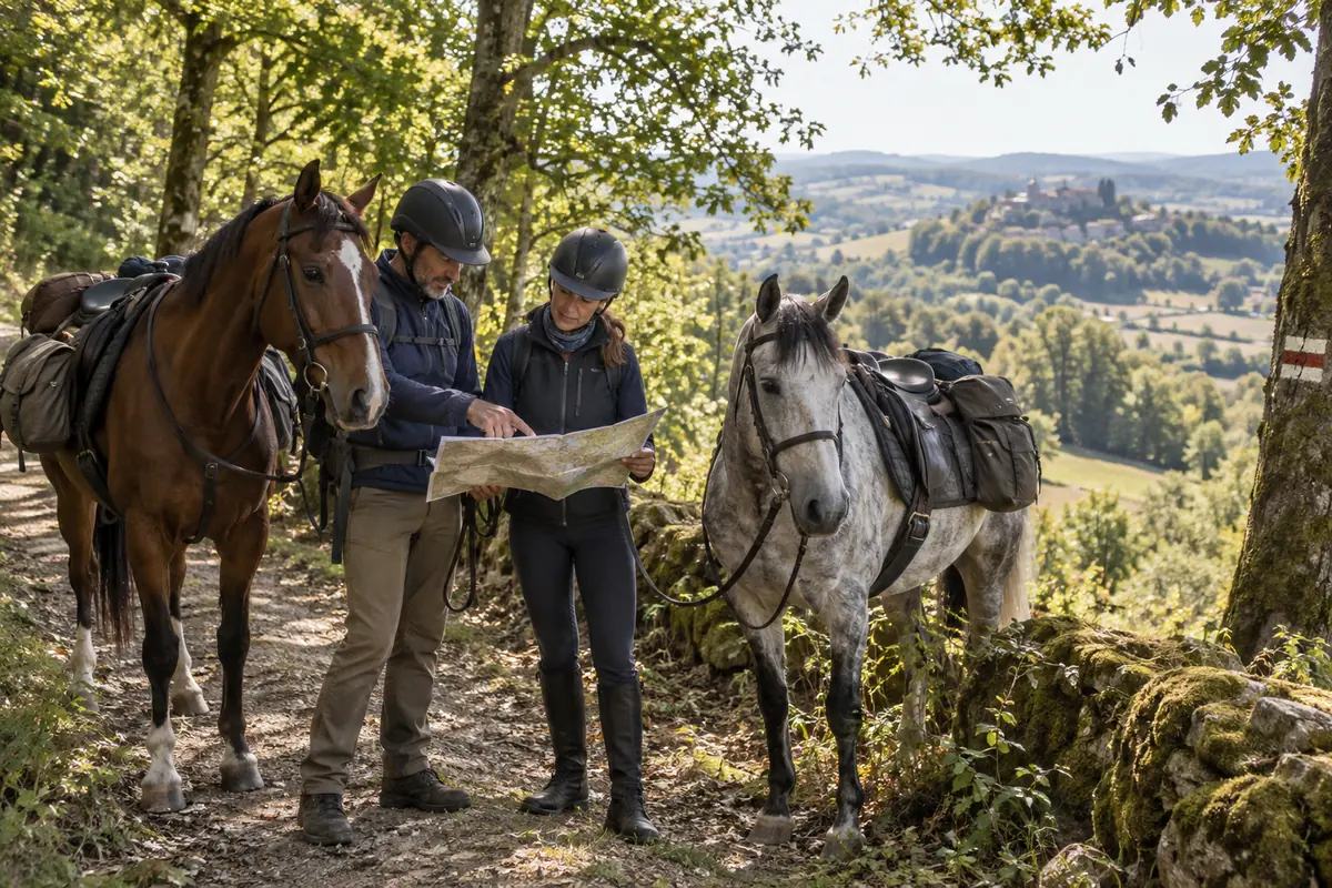 Deux cavaliers préparent leur itinéraire de randonnée en forêt