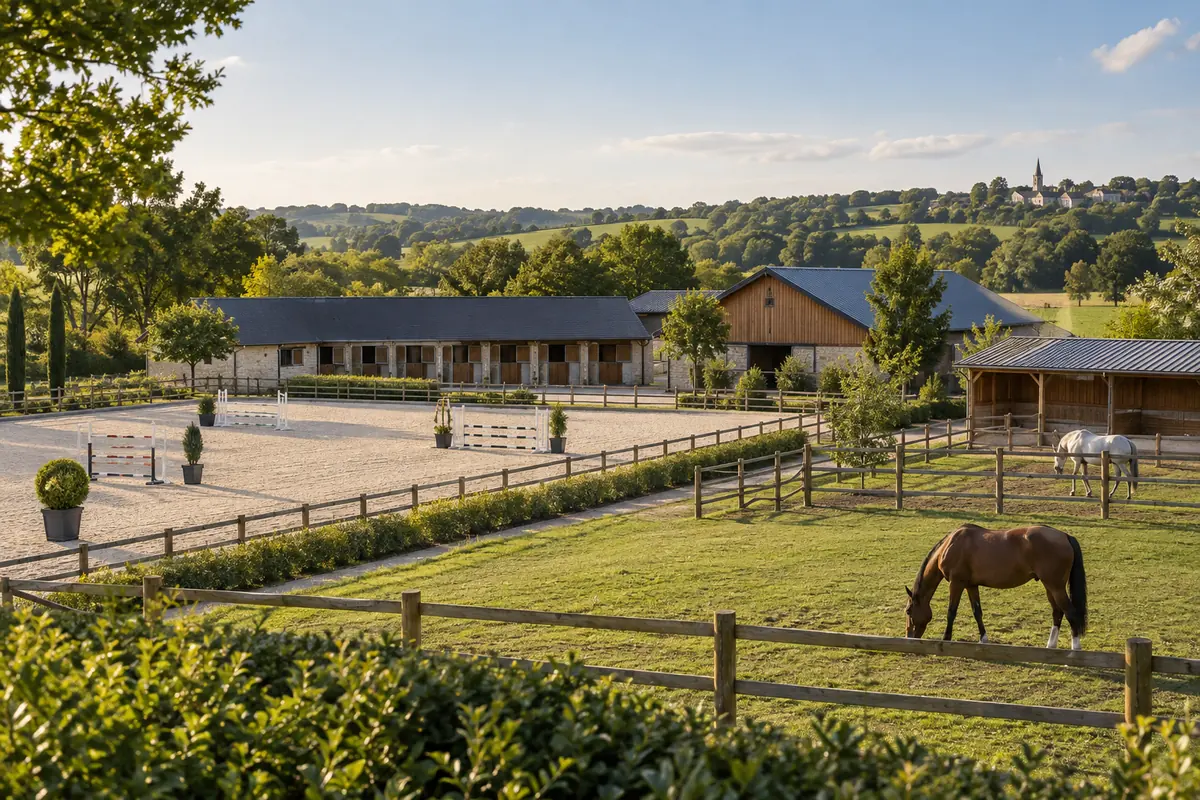 Centre équestre français avec carrière, écuries et paddocks