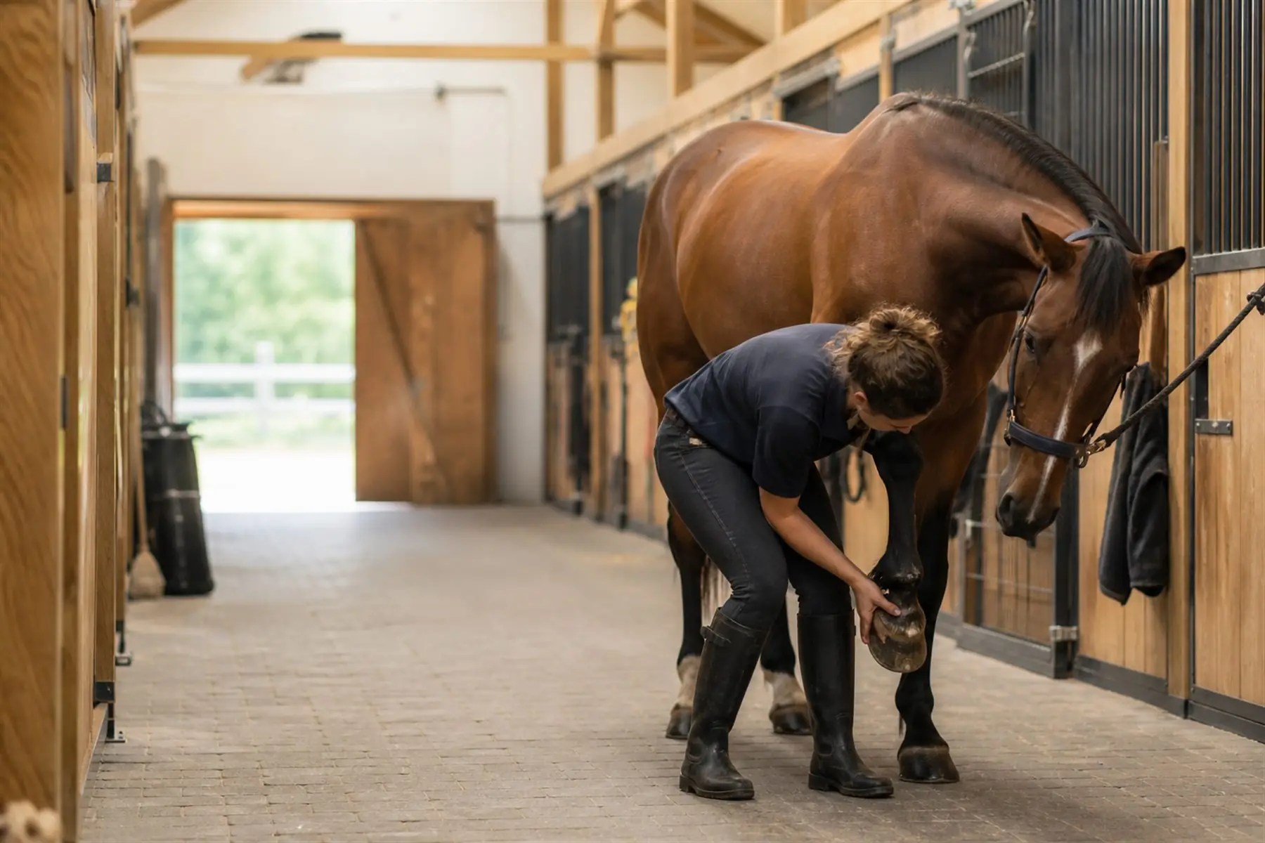 Professionnelle des métiers du cheval vérifiant un pied en écurie